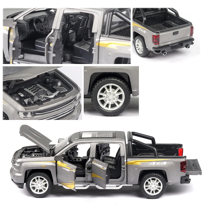 1:32 Масштаб Diecasts SILVERADO V8 Pickup модель автомобиля игрушечные машинки из сплава Авто спиральные с горячей выдвижной задней колеса автомобили игрушки подарки