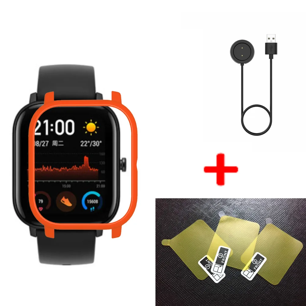 3 в 1 USB кабель зарядное устройство для Xiaomi Huami Amazfit GTS смарт-ремешок чехол для часов PC защитный чехол для Amazfit GTS пленка для экрана - Цвет: Orange