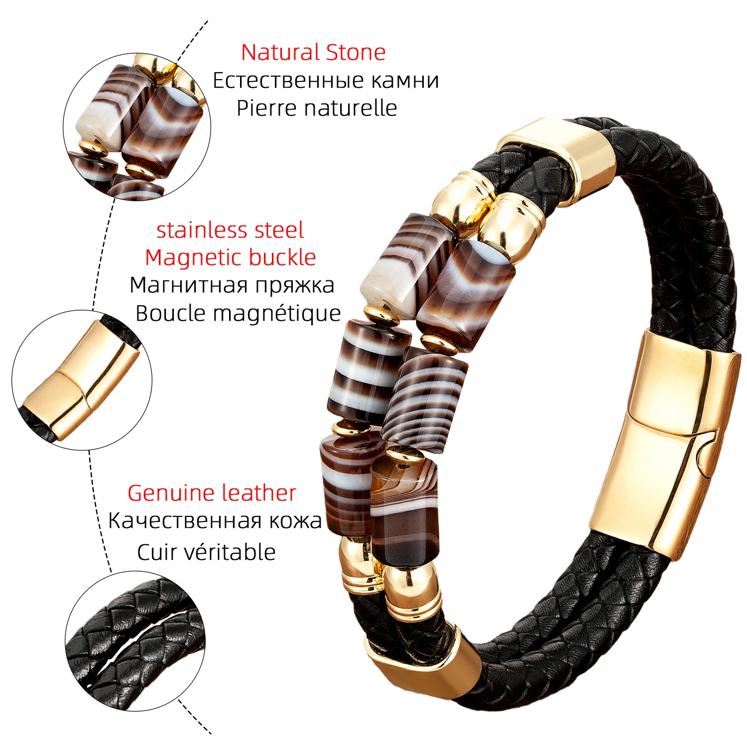 Luxury Double Row Stone Bracelets & Bangles Women Natural Beaded Bracelet Stainless Steel Clasp Multilayer Leather Men’s Jewelry