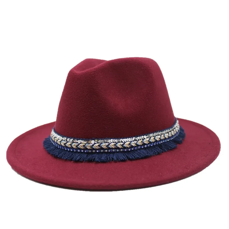 Wine red Seioum 14 цветов Высокая-Q широкоугольная шерсть фетр Джаз Fedora головные уборы для мужчин и женщин британская Классическая Трилби вечерние Панама флоппи - Цвет: Wine red