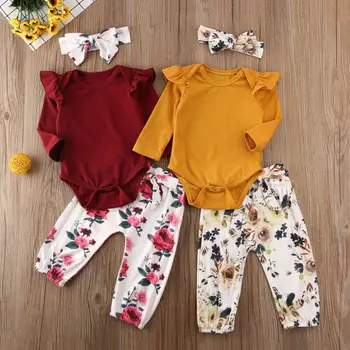

3PCS Newborn Baby Girl Clothes Solid Long Sleeve Crew Neck Ruffle Tops Romper Flower Long Pants Headband Fashion Outfit 0-18M
