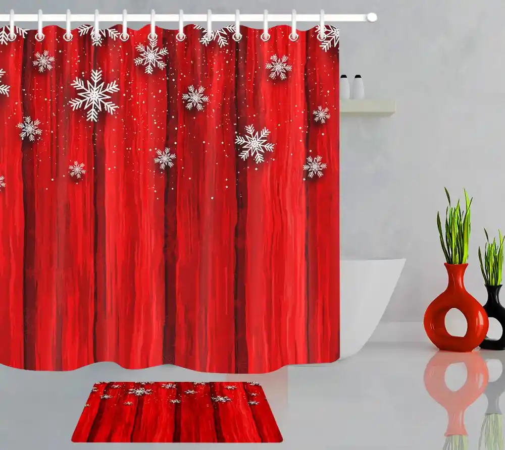 cortina roja navidena con diseno de copo de nieve para bano banera ducha decoracion del hogar 12 ganchos y felpudo