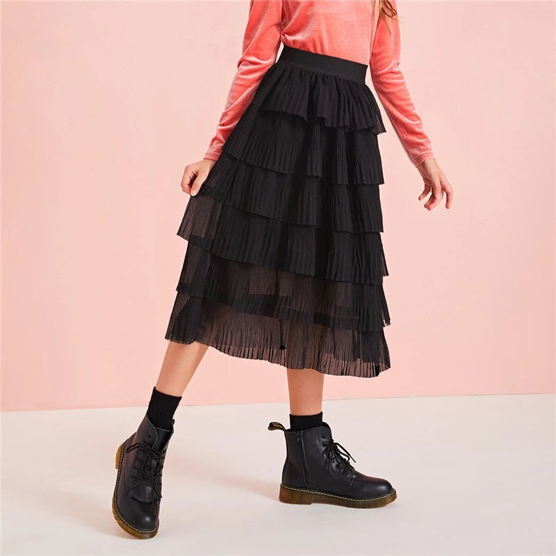 SHEIN Kiddie/черная плиссированная многослойная юбка с оборками для девочек, детские штаны года, осенняя шифоновая плиссированная юбка средней длины с высокой талией для детей