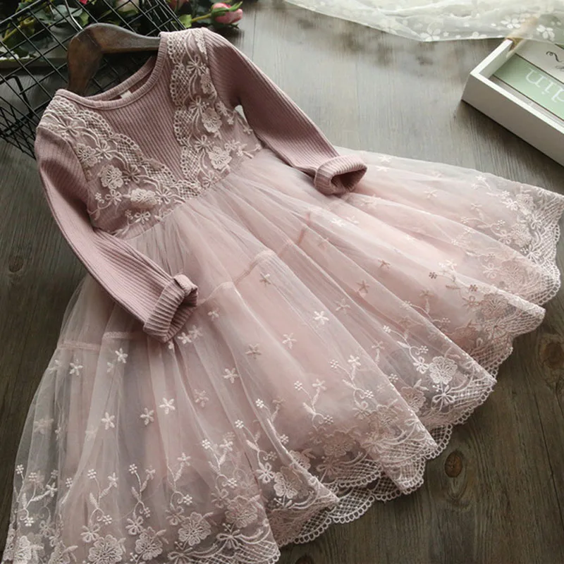 Элегантное платье для малышей; Сетчатое платье принцессы с длинными рукавами; кружевные платья; Детский костюм для дня рождения; милая одежда для маленьких девочек