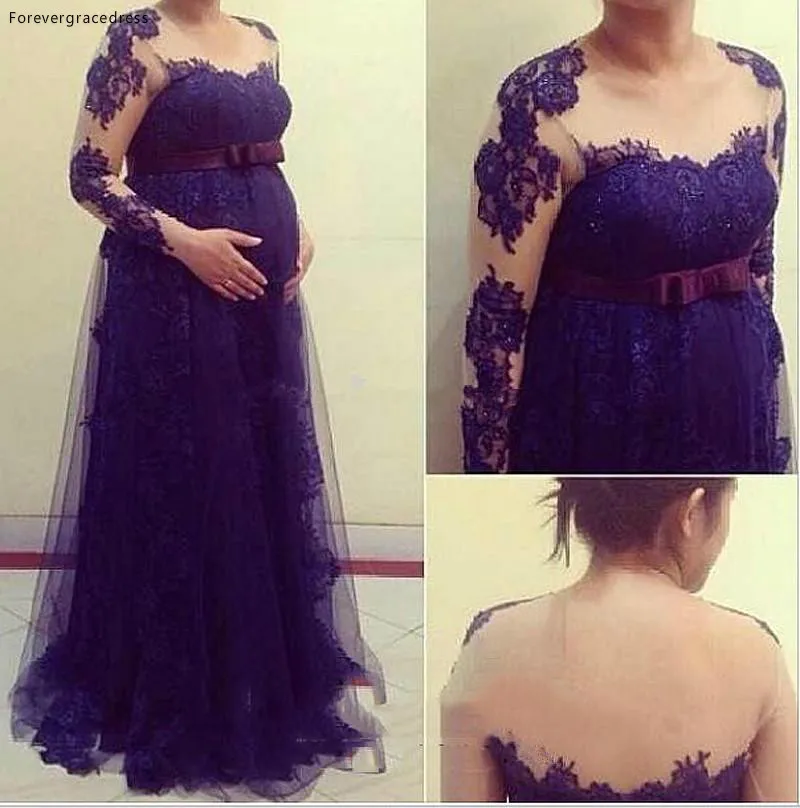 Elegant Maternity Clothes 2015 Sheer Long Sleeves Lace Appliques Plus Size Pregnant Women Formal Dresses Prom Evening Gowns 149
