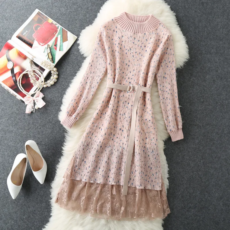 2020 модное осенне зимнее вязаное платье свитер женские кружевные Теплые