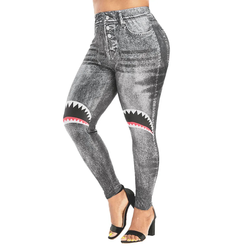 Plue Размер Леггинсы женские печатные растягивающиеся Джеггинсы спортивные брюки-карандаш из искусственной джинсовой ткани Фитнес Высокая талия брюки женские спортивные брюки