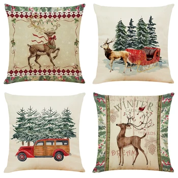 

Throw-Pillow-Cover Christmas Deer Cartoon Painting Decorative Cushion Cover Bed Sofa Linen Pillowcase Home Decor Cover 45*45cm