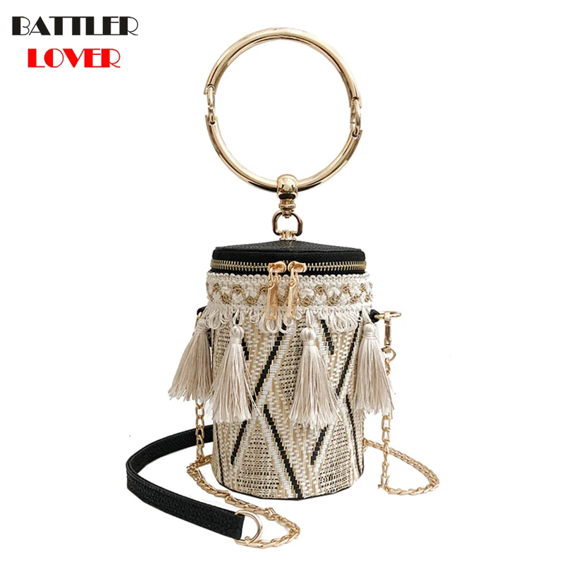 2019 Japan Style Bucket Cylindrical Straw Bags Barrel-Shaped Woven Women Crossbody Bags Metal Handle Shoulder Tote Bag Ladies