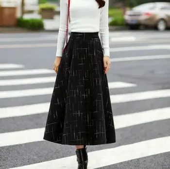 

Women's Winter Casual Grid Slim High Waist Wool Blend A-Line Skirt Hairy