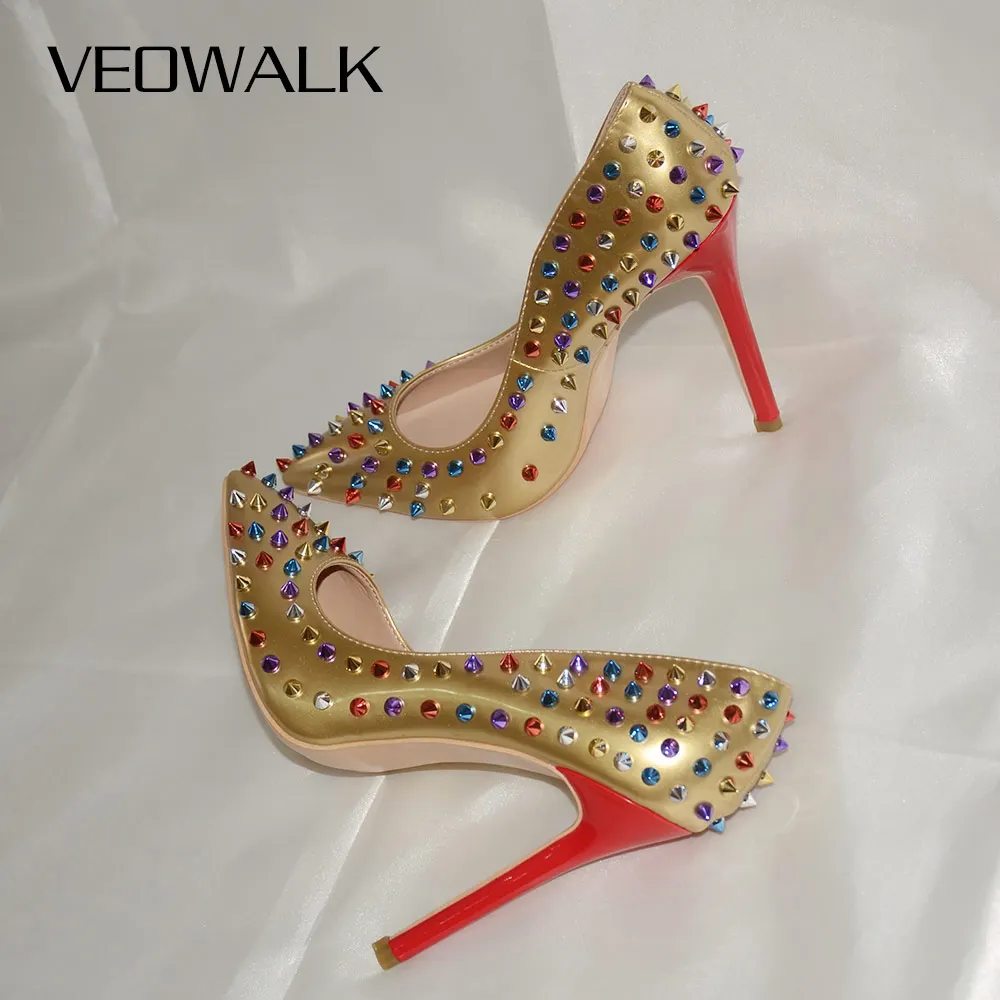 

Veowalk Rivets Spikes Women Sexy Pointed Toe Stiletto Pumps Extremely High Thin Heels Ladies Patent Leather Fashion Party Shoes