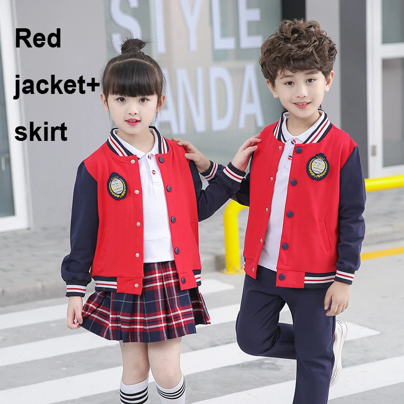 Red girls set 2 предмета, клетчатая юбка для девочек школьная форма, костюмы для мальчиков, куртка+ брюки, комплект одежды, осенняя школьная форма для девочек - Цвет: Red girls set