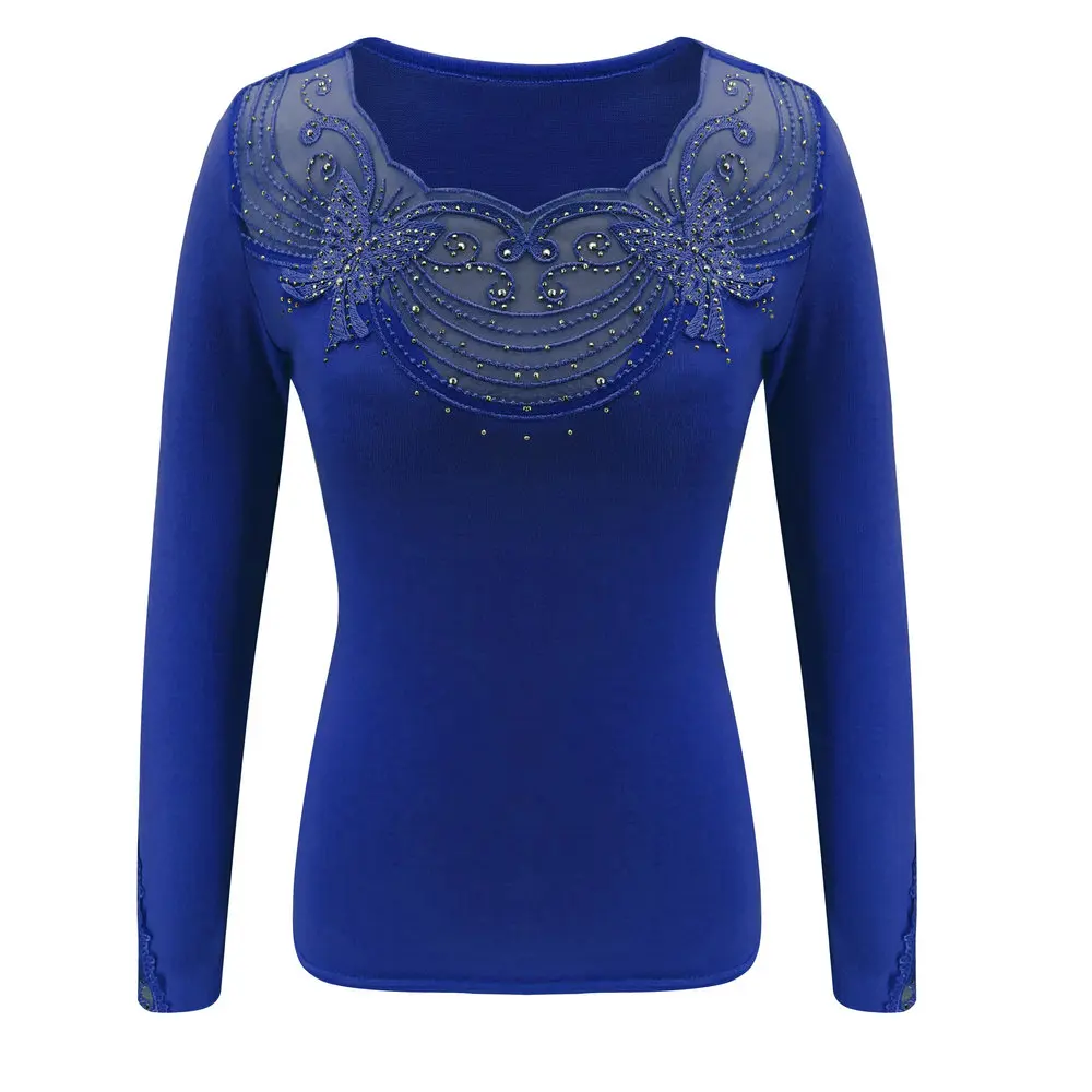 Женские футболки в уличном стиле, Украшенные бусинами, длинные рукава, обычная одежда, одноцветная, с рисунком, с круглым вырезом