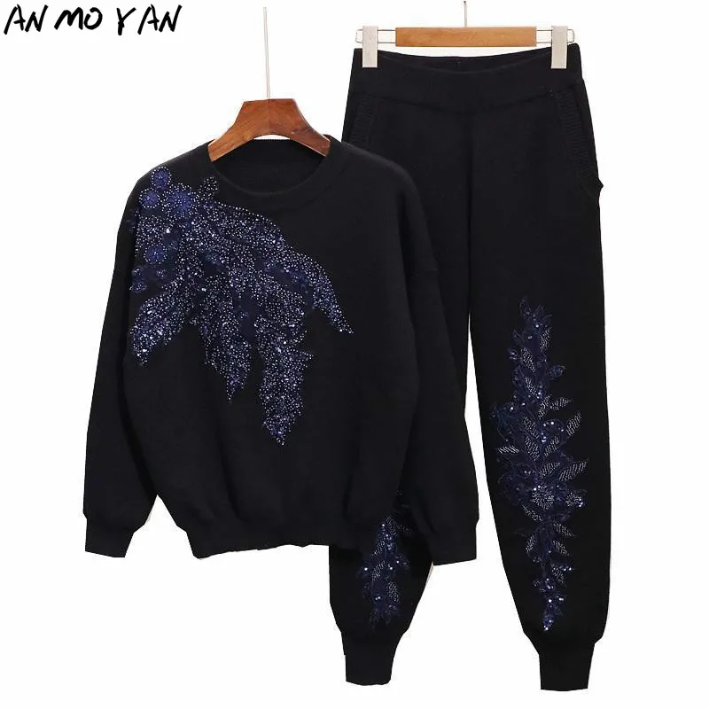 

Winter Women's Two-Piece Fashion Embroidered Sequin Flowers Harajuku Pullover Casual Trousers Elastic Waist High-quality Set