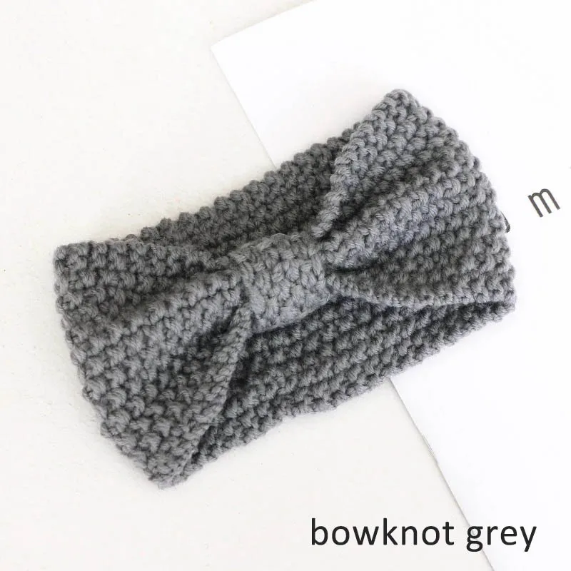 bowknot grey Женская повязка на голову, зимняя теплая вязаная повязка на голову с ушками, вязаная повязка на голову с бантом, широкая растягивающаяся повязка на голову, широкий тюрбан, повязка на голову для девочек - Цвет: bowknot grey