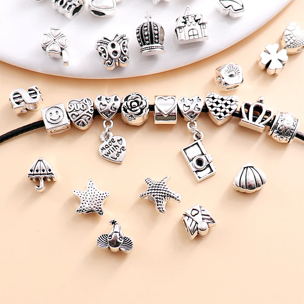 Popular Vintage Silver Large Beads for Women's DIY Jewelry Making Supplies Charms Pandora Style Bracelet
