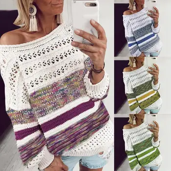 

Sweater Women Casual Pullover Sweater Patchwork Loose Long Sleeve Ladies Loose openwork stitching knit long sleeve sweater