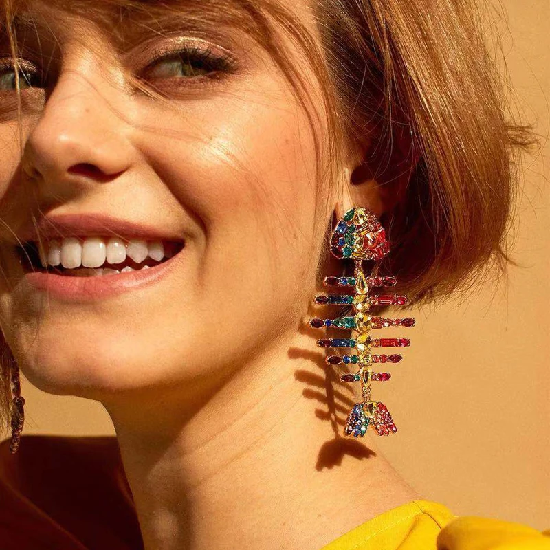 

2 pair Novelty Hyperbole Fish Shape Fashion Women Earrings Rhinestone Jewelry Accessories Club Party Long Drop Earring For Women
