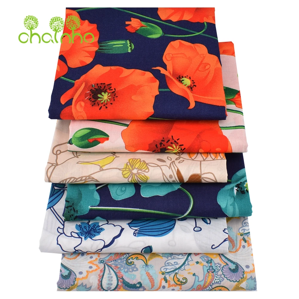 Chainho,Printed Plain Poplin Cotton Fabric,DIY Sewing Quilting Material For Baby & Child's Shirt,Skirt,Dress,Poppy Floral Series