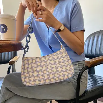 

Summer Bag women 2020 new stylish one-shoulder handbag acrylic chain under the armpit vintage plaid baguette bag