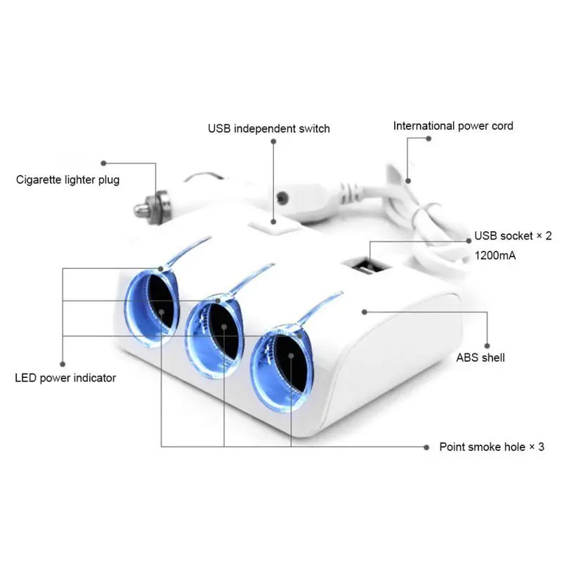 Переходник USB для зарядки в машине 3 отверстия независимый переключатель Зажигалка для сигарет