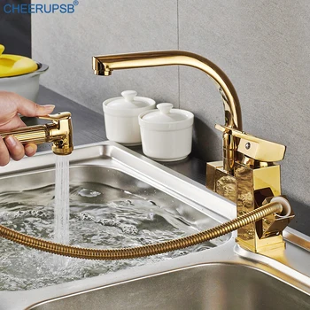 

Kitchen Faucet Hot Cold Water Mixer Tap Gold Black Chrome Pull Out Faucets 360 Rotation Brass Taps Dual Spout Torneira Cozinha