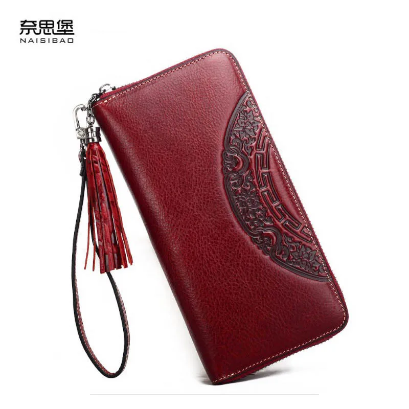 

2019 New women genuine leather wallets designer brands fashion tassel embossing zipper long womens wallets leather clutch bags