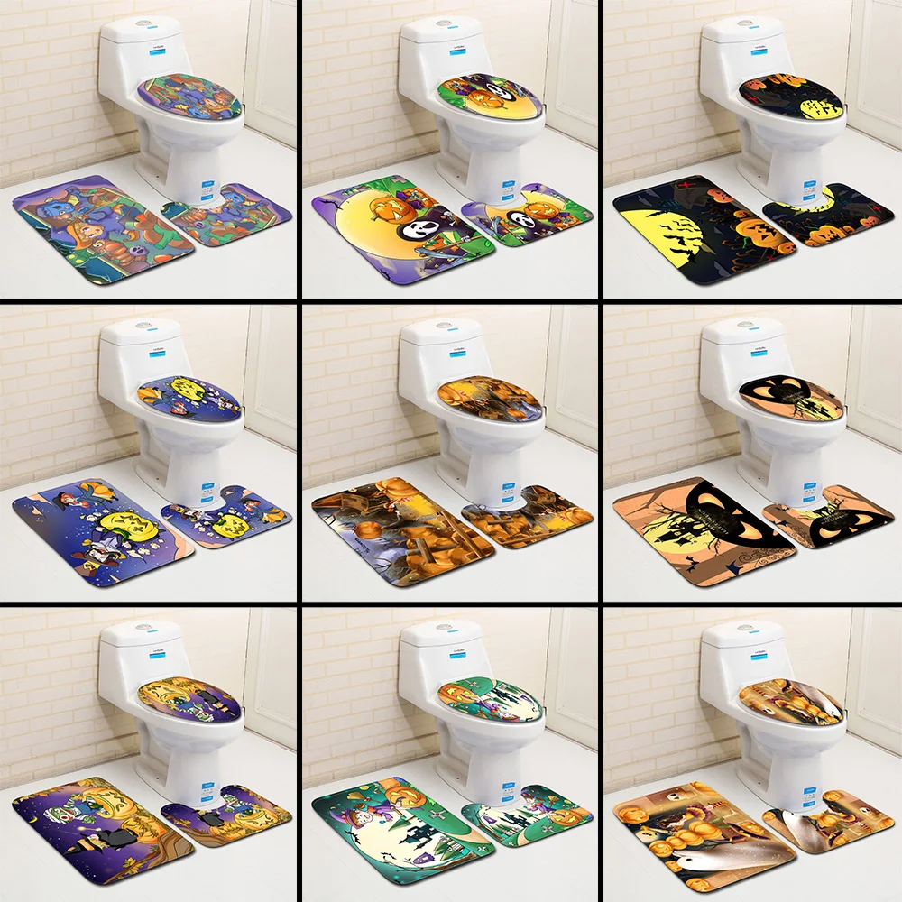 Halloween Party Toilet Seat Cover Memory Foam WC Mat Pumpkin Lantern Printed Anti slip Bath Mat Set for Bathroom