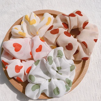 

50Pcs /Lot Vintage Chiffon Dot Love Heart Print Scrunchies Ponytail Hair Bands Rope Elastic Rubber Headband Accessories