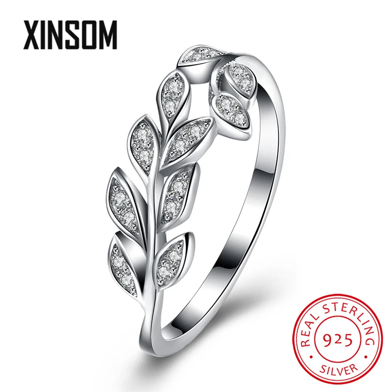

XINSOM Simple Fashion White CZ Micro Pave Leaf 925 Sterling Silver Rings For Women Wedding Engagement Jewelry Girl Gift 20XS1209