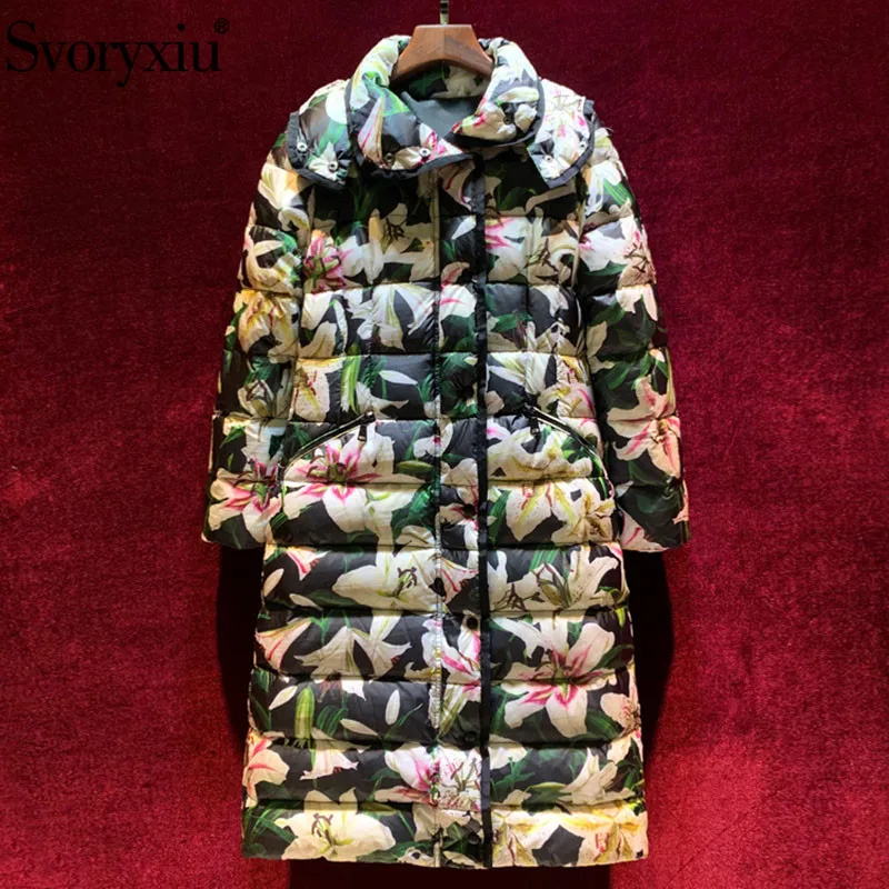

Svoryxiu Designer Winter White Duck Down Down Jackets Overcoat Outerwear Women's Vintage lily Flower Print Warm Outerwear Coat