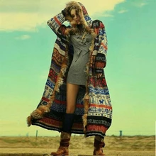 Длинное богемное Женское пальто Bellflower, Осень-зима, плотное вязаное пальто с капюшоном и принтом из искусственного меха, индийские народные пальто для женщин s