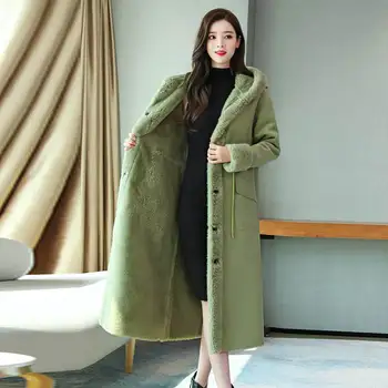 

Fashion Green Plus Velvet Cotton Winter Jacket Women Elegant Drawstring Waist Long Overcoat Thicken Lambs Wool Winter Coat C6613