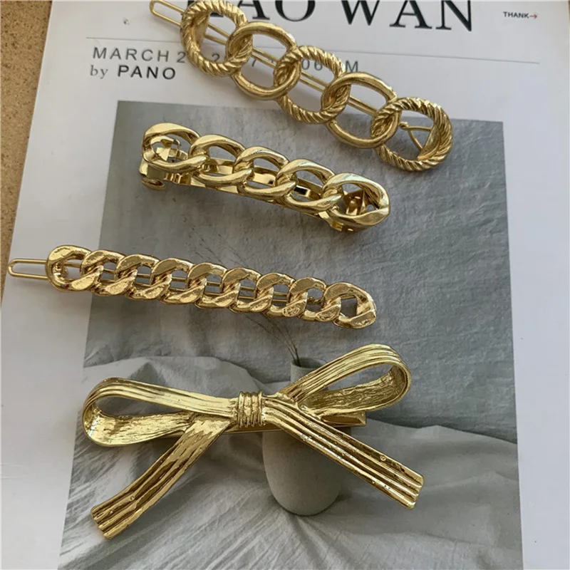 

New Vintage Matte Gold Hollow Twisted Chain Bowknot Hair Clips For Lady Street Style Gold Metal Hair Accessories For Women
