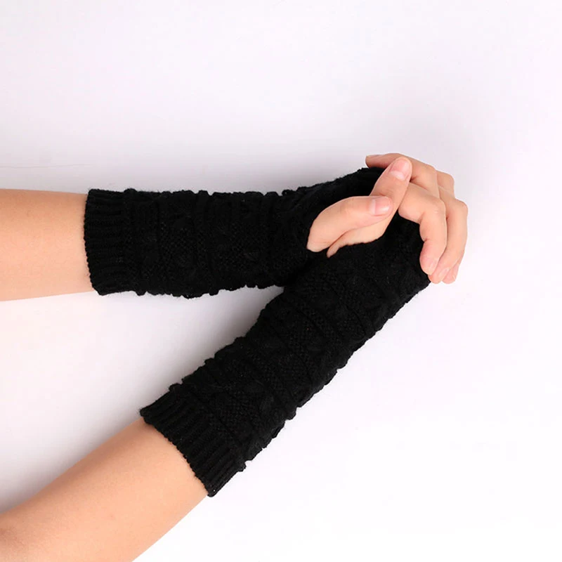Black Womens Arm Gloves Knit Wrist Arm Warmer Fingerless Elastic Arm Sleeve Winter Long Arm Sleeve for Women Girl