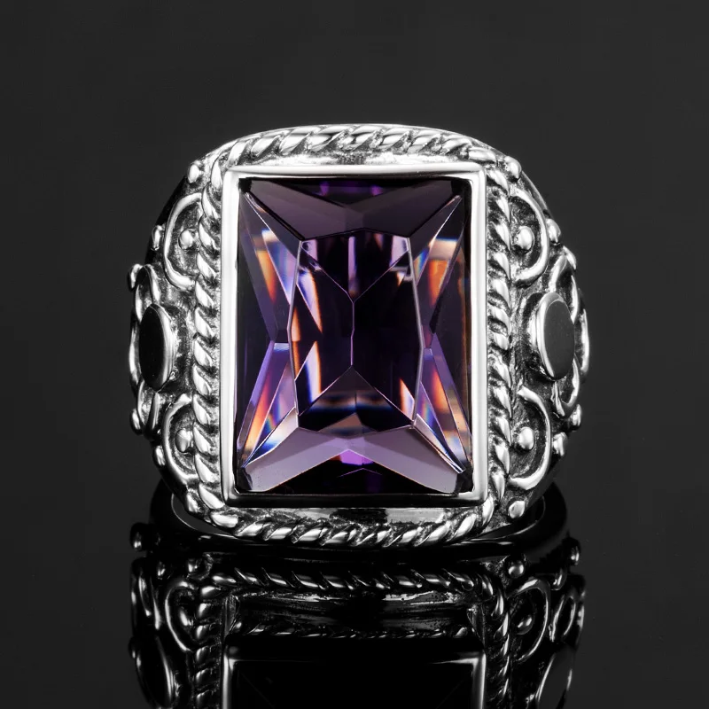 925 Sterling Silver Heavy Signet Rings Men&rsquo;s Massive Amethyst 12*16mm Stone Party Male Vintage Jewelry Gift For Husband silver ring silver rings