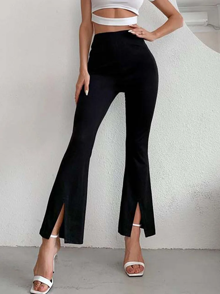 2022 Spirng Flared Pants Women Fashion High Waist Pants Trousers Ladies Black Bell Bottom Pants For Women leather pants Pants & Capris