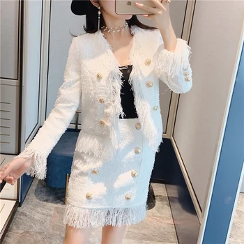 

Tassel Two Piece Set Women White Long Sleeve Tweed Jackets + Buttons Tweed Mini Pencil Skirts Set 2020 Autumn Matching Set A643