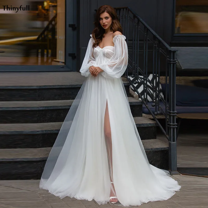 

Thinyfull 2021 Boho Wedding Dresses With Detachable Puffy Sleeves Sweethrat Beach A-Line Mariage Gowns Side Split Vestidos Novia
