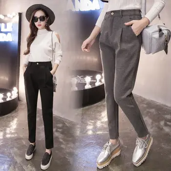 

LYJMTDBK Women's woolen pencil pants high waist casual office suit pants women autumn winter tight thickening harem pants 2019