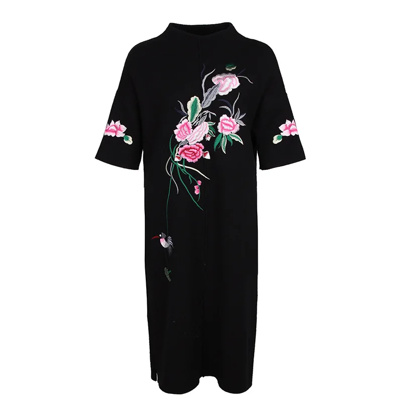 Autumn And Winter Knit Wool Dress Vintage Style Embroidery Refined Elegant Loose Women Dress S-2XL