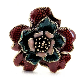 

Gorgeous Trio Tiered Pink Green Red Texture Enamel Flower Brooch Gold Tone Pistil Multi Colored Floral Pins Garden Party Jewelry