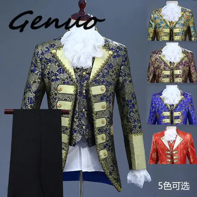 

Genuo 2019 Prince Renaissance Medieval Men Cosplay Party Costume Coat+Pants+Tie Full Set Plus Size New