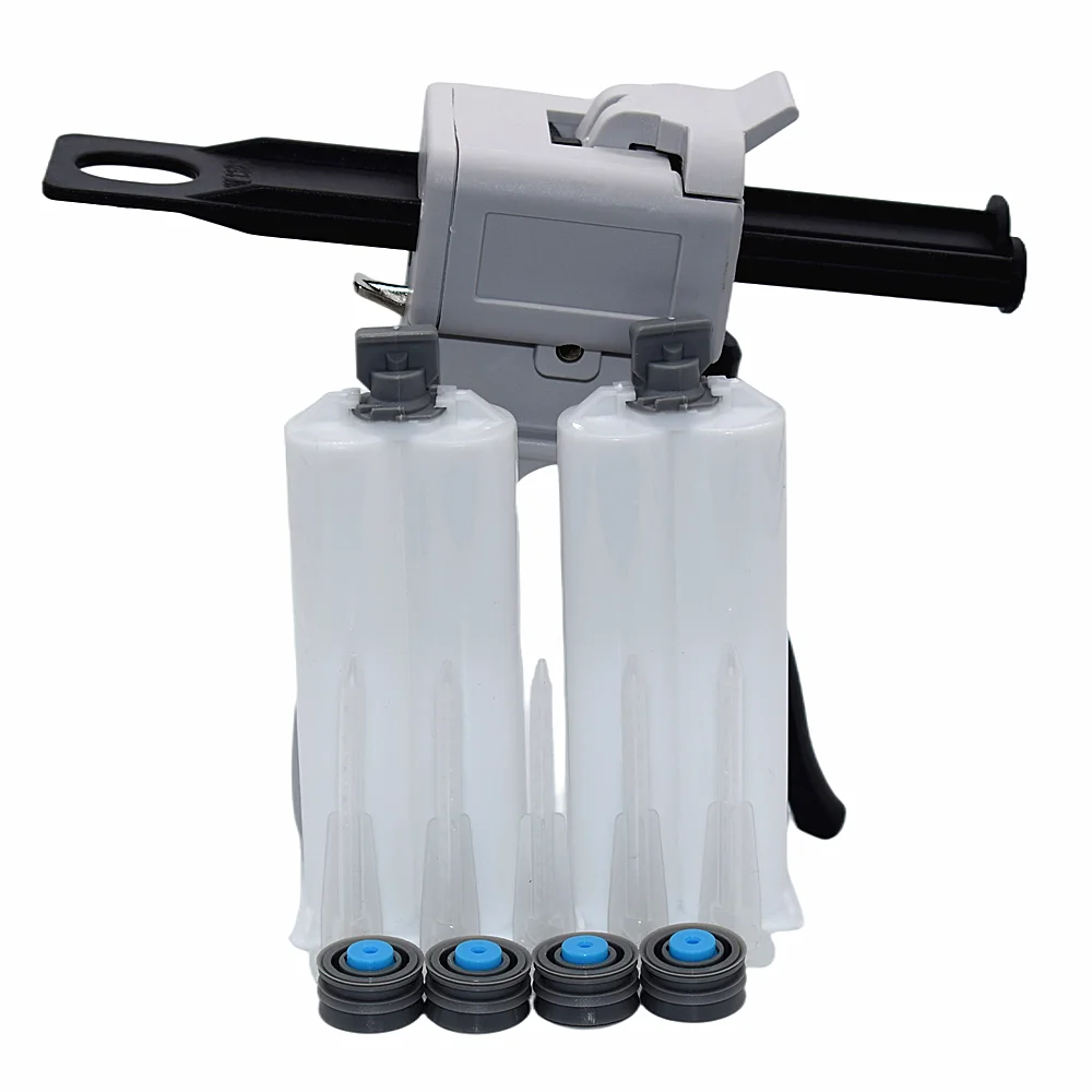 

50ml Epoxies Adhesive Glue Gun Dispenser 1:2 Caulking Gun with 5pc Static Mixing Nozzles and 2pcs 50ml 1:1 Empty Dual Cartridges