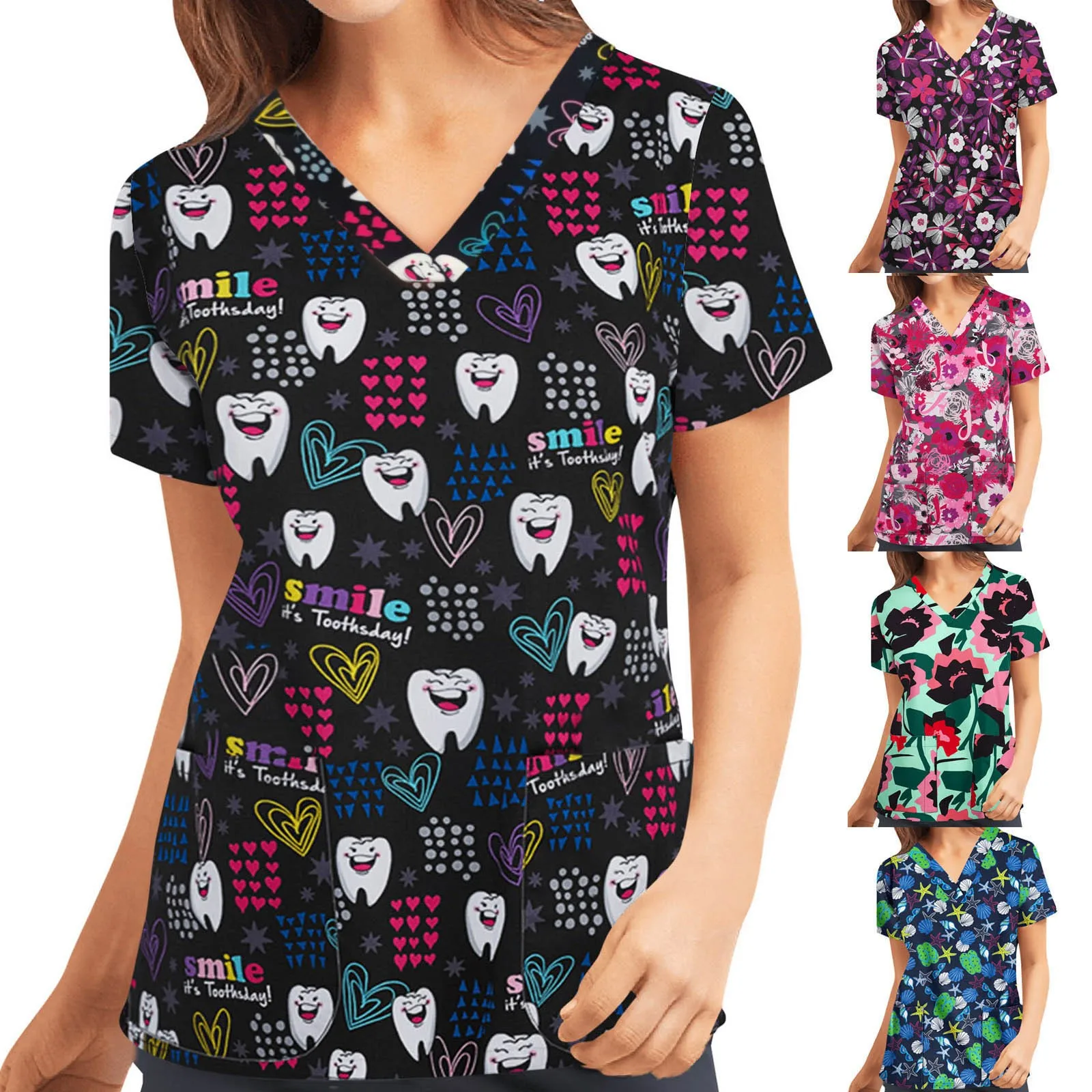 Teeth Print Scrub Tops Women Dentist Working Uniform Nurse Scrub Uniformes Medicos Para Mujer Tooth Hospital Workwear A50