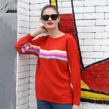 

Gold Hands 2019 Fashion Women Sexy Knitwear Vest O-Neck Stripe Sweater Camisole Rainbow Top Knitted Pullovers Long Sleeve Sweter