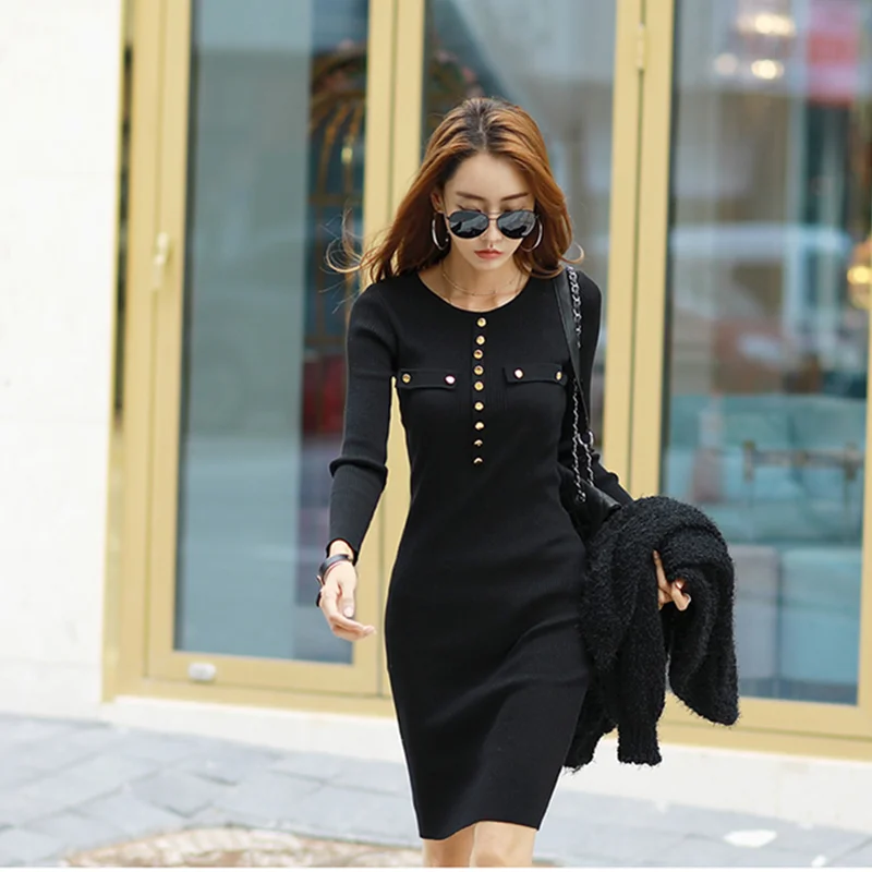 

Autumn and winter women's fashion slim-fit knit sweater bag hip sexy dress button nail
