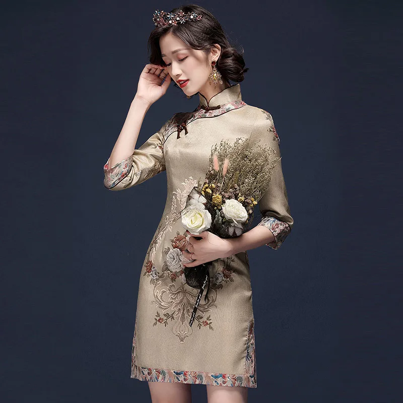 

Women Floral Jacquard Embroidery Qipao Cheongsam Dresses Chinese Style Vintage Robe Femme Traditional Wedding Party Dresses