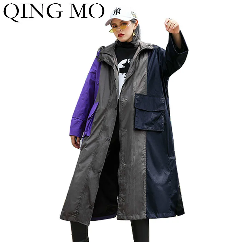 

QING MO Patchwork Color Women Coat Green Purple Women Casual Style Loose Coat Turn Down Collar Wide Waisted Coat 2019 ZQY1642