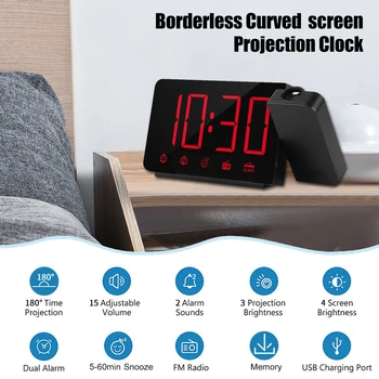 

Projection Alarm Clock 180°Projector with FM Radio Snooze Function 4 Dimmer Dual Alarm USB Charging Digital Clock 12H/24H